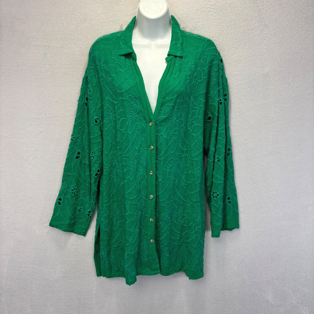 Akemi + Kin Anthropologie Oversized Tunic Top Women L Green Floral Embroidered